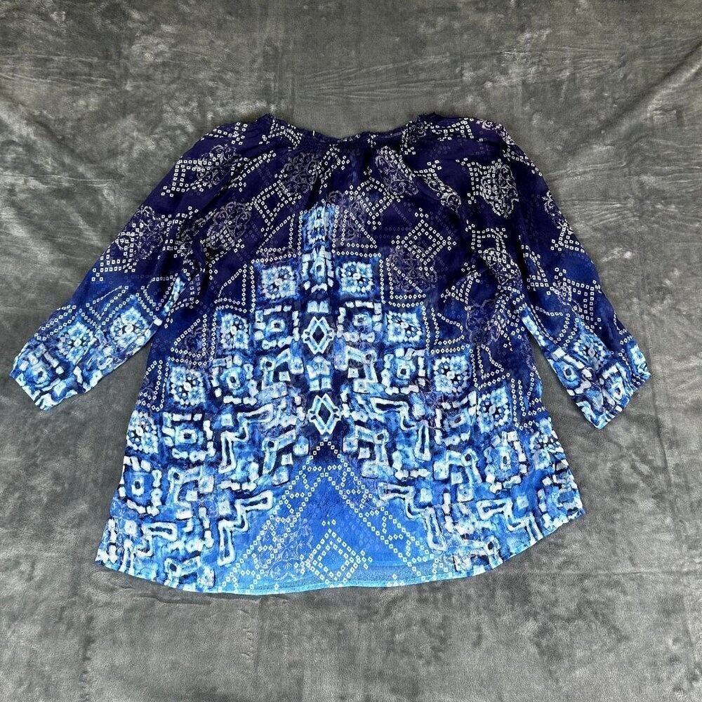 Chicos SZ 3 XL Blouse Top Shirt Popover Blue Sheer Artsy Printed Boho Whimsigoth - Picture 7 of 8